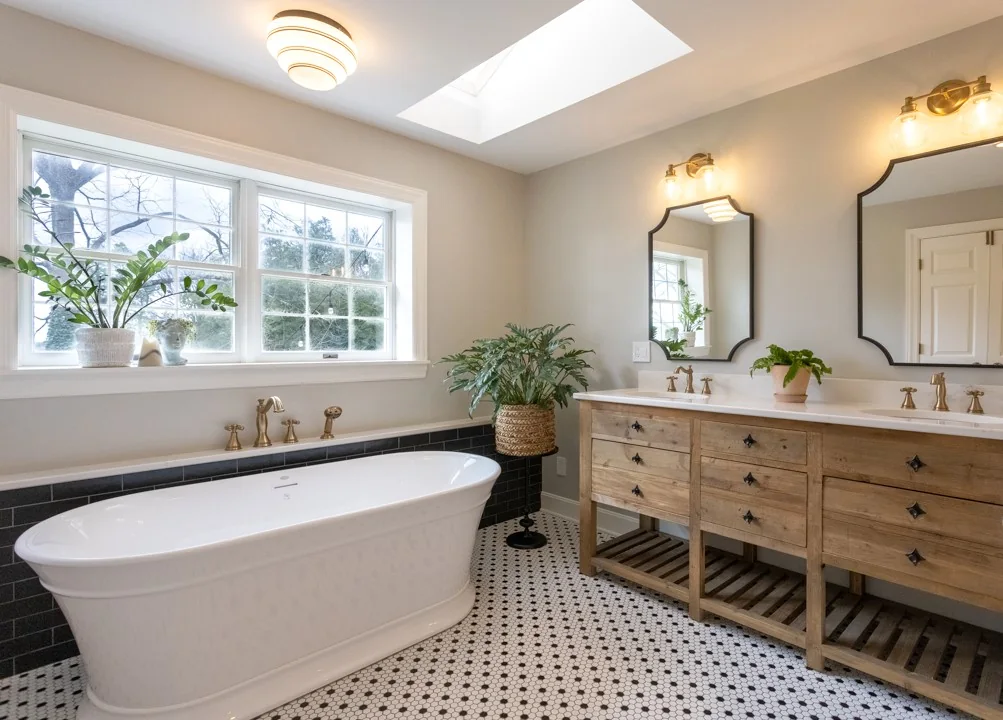 Residential bathroom with freestanding tub and warm wood vanity